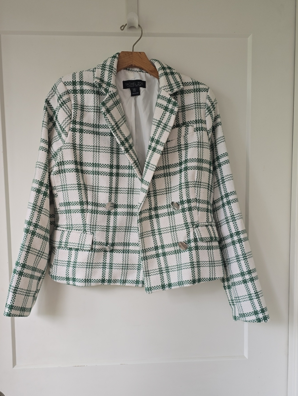 Rachel Zoe White and Green Plaid Tweed Blazer